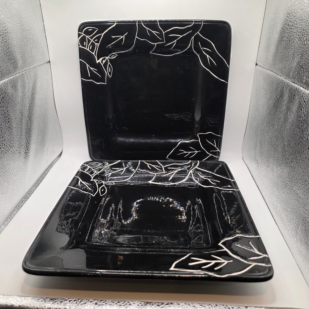 Laurie Gates Anna Square Dinner Plates Black White Leaf Set of 2 Ceramic 11 inch
